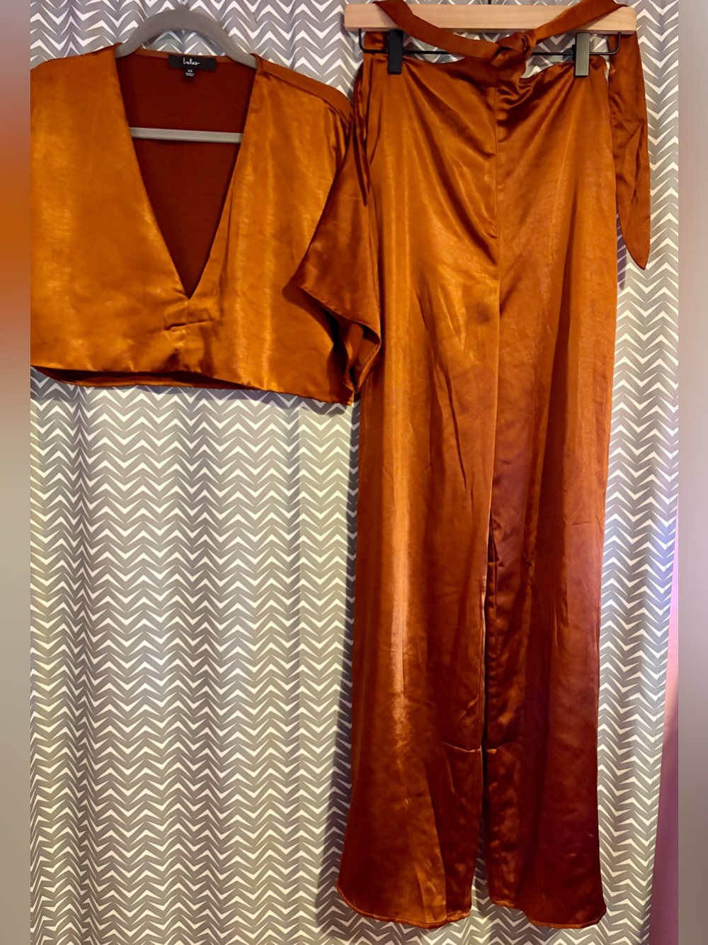 Lulus | Flirt For Fun Rust Brown Tie-Front Two-Piece Wide-Leg Jumpsuit, XS - Picture 7 of 11